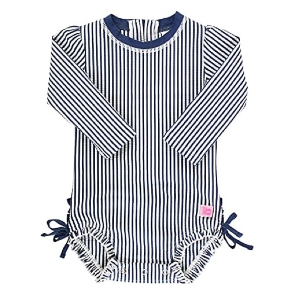 Ruffle Butts navy blue seersucker long sleeve swimsuit size 6-12 months